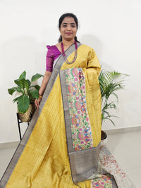 Soft Semi Tussar Weaving with Kalamkari Border -   Yellow with Grey