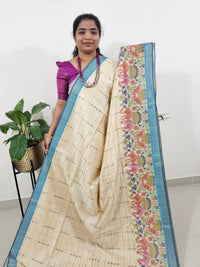 Soft Semi Tussar Weaving with Kalamkari Border -   Cream with Blue