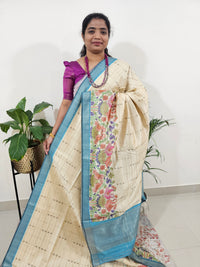 Soft Semi Tussar Weaving with Kalamkari Border -   Cream with Blue