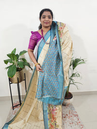 Soft Semi Tussar Weaving with Kalamkari Border -   Cream with Blue