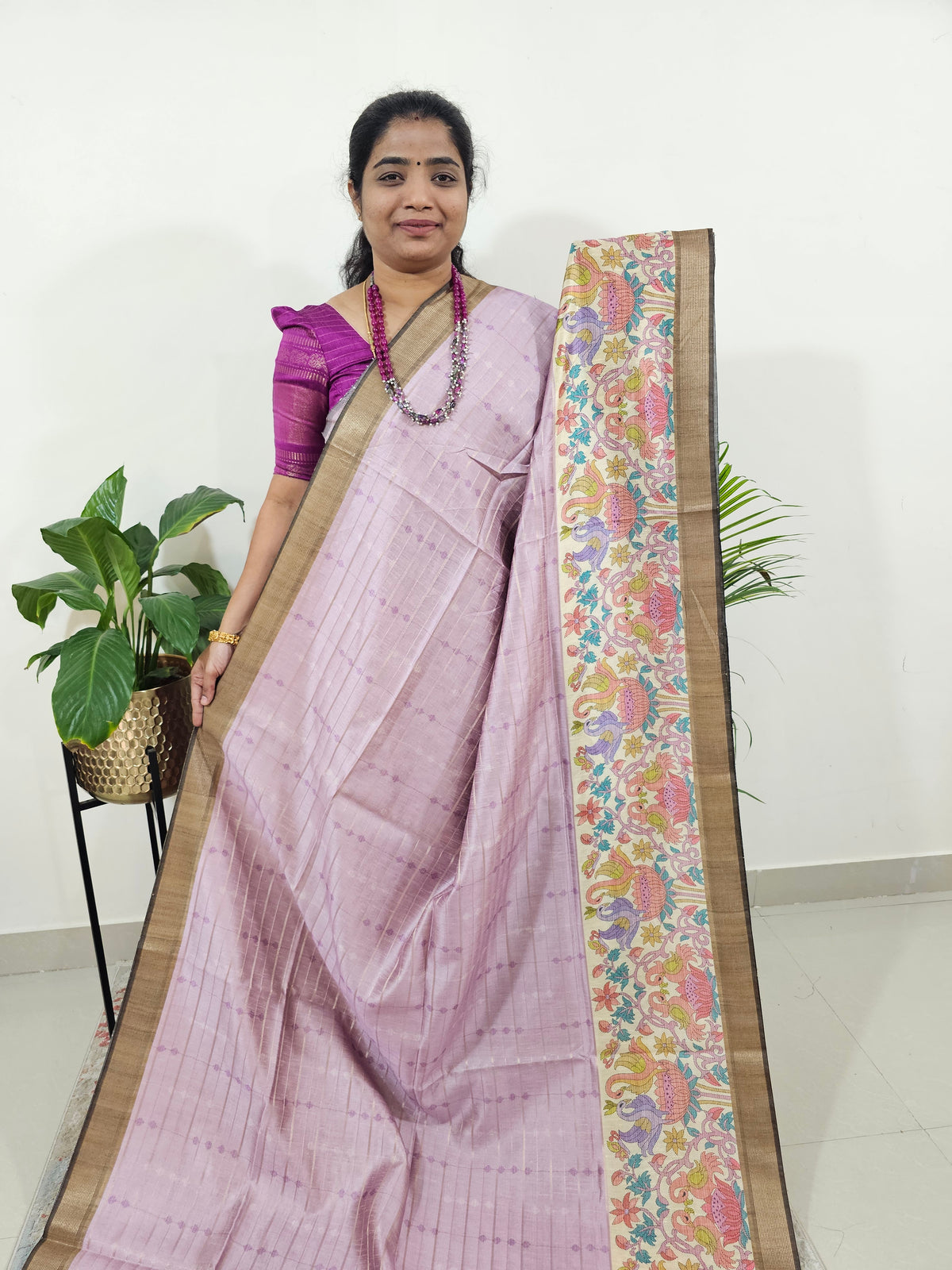 Soft Semi Tussar Weaving with Kalamkari Border - Lavender with Brown