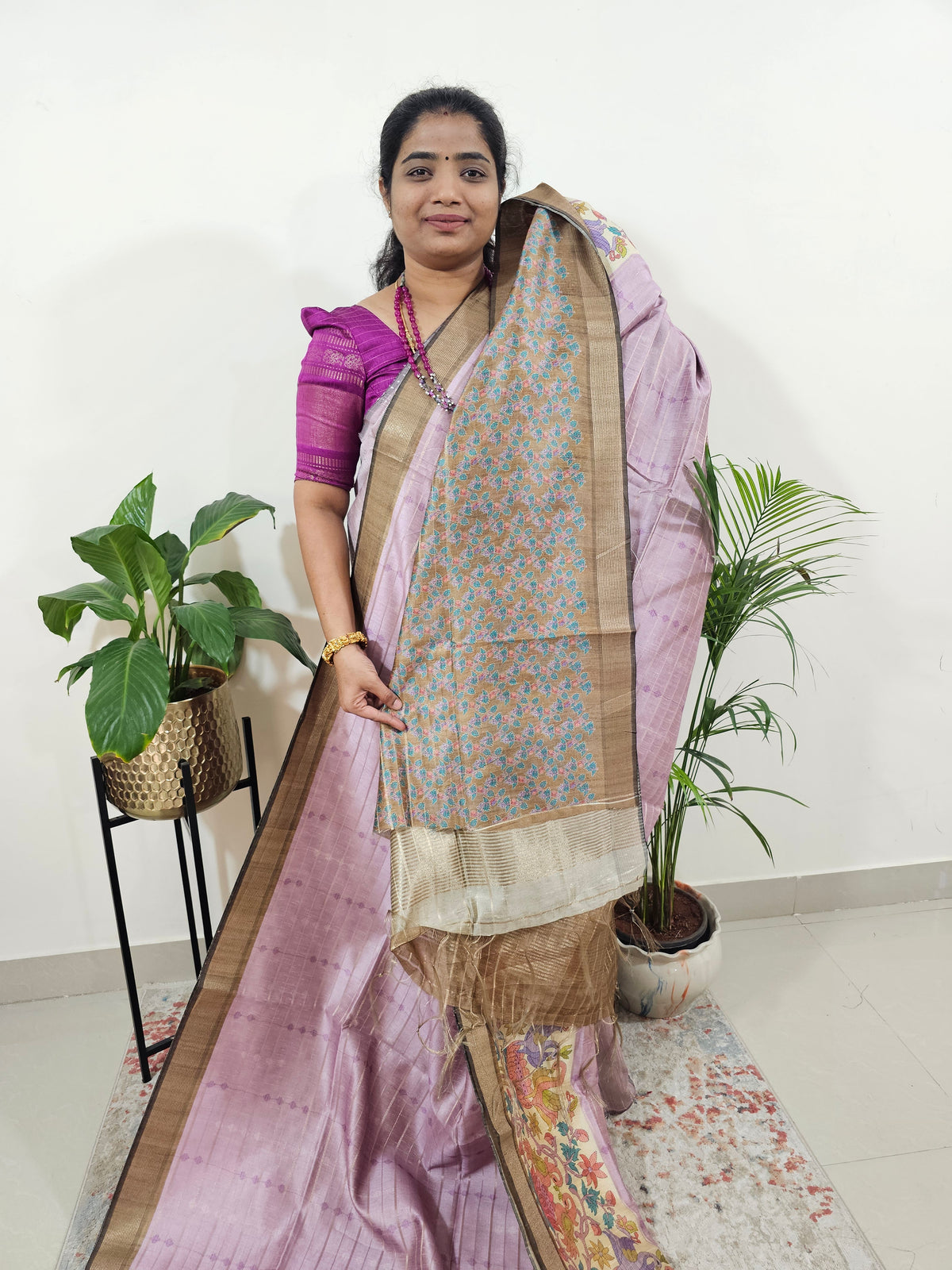 Soft Semi Tussar Weaving with Kalamkari Border - Lavender with Brown