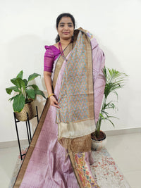 Soft Semi Tussar Weaving with Kalamkari Border - Lavender with Brown