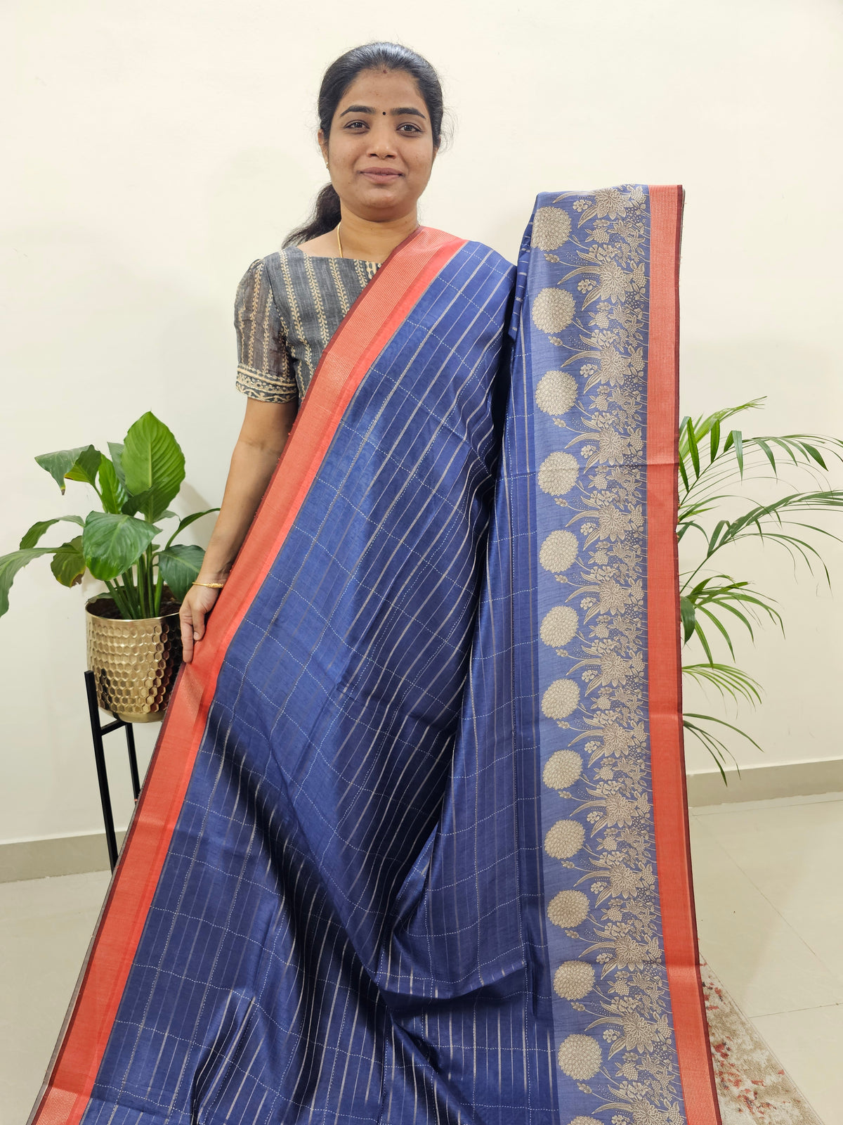 Soft Semi Tussar Weaving with Kalamkari Border - Blue with Orange