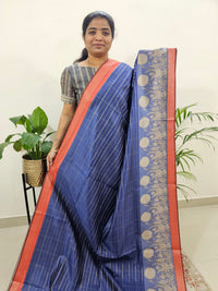 Soft Semi Tussar Weaving with Kalamkari Border - Blue with Orange