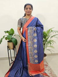Soft Semi Tussar Weaving with Kalamkari Border - Blue with Orange