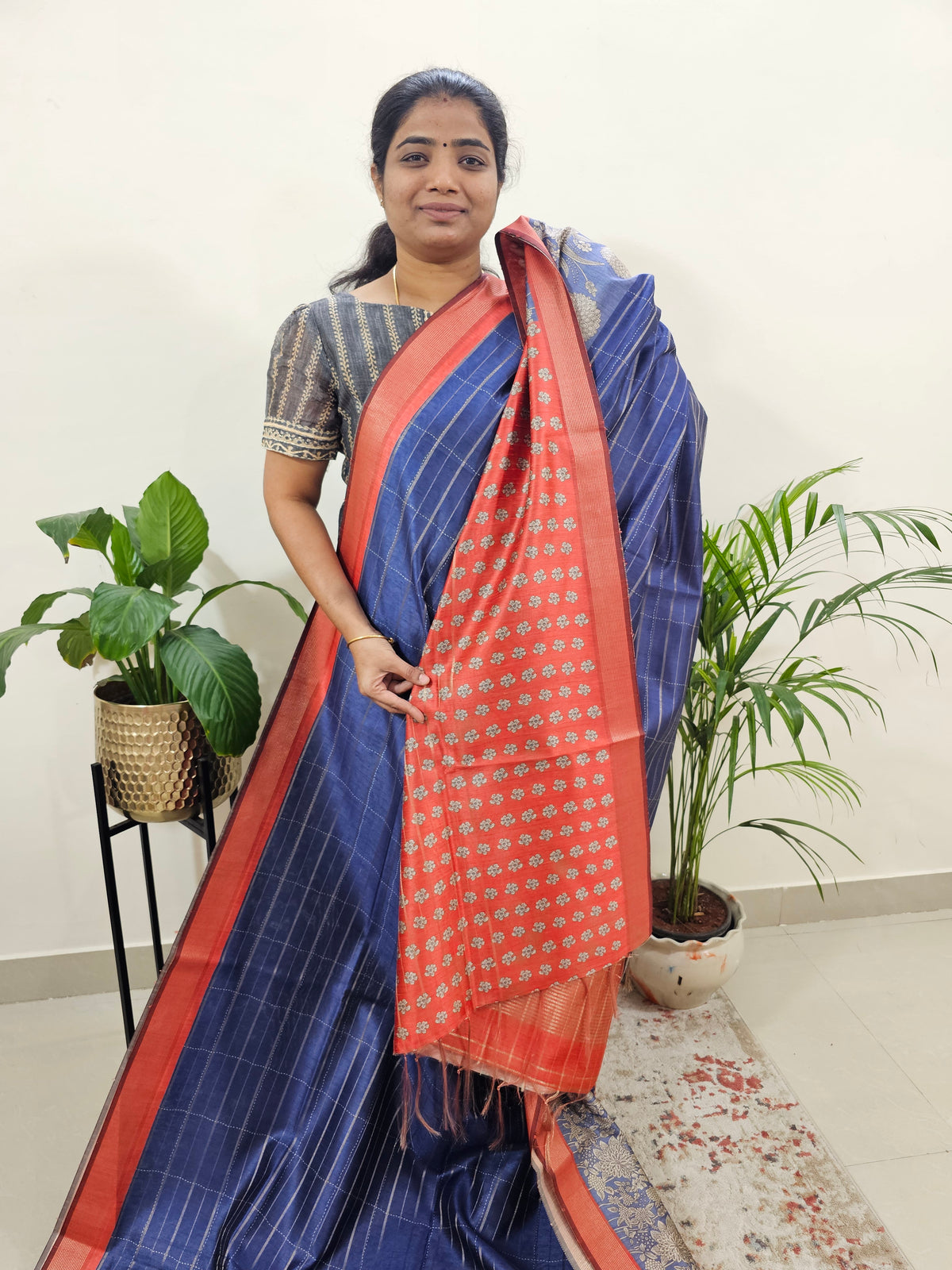 Soft Semi Tussar Weaving with Kalamkari Border - Blue with Orange