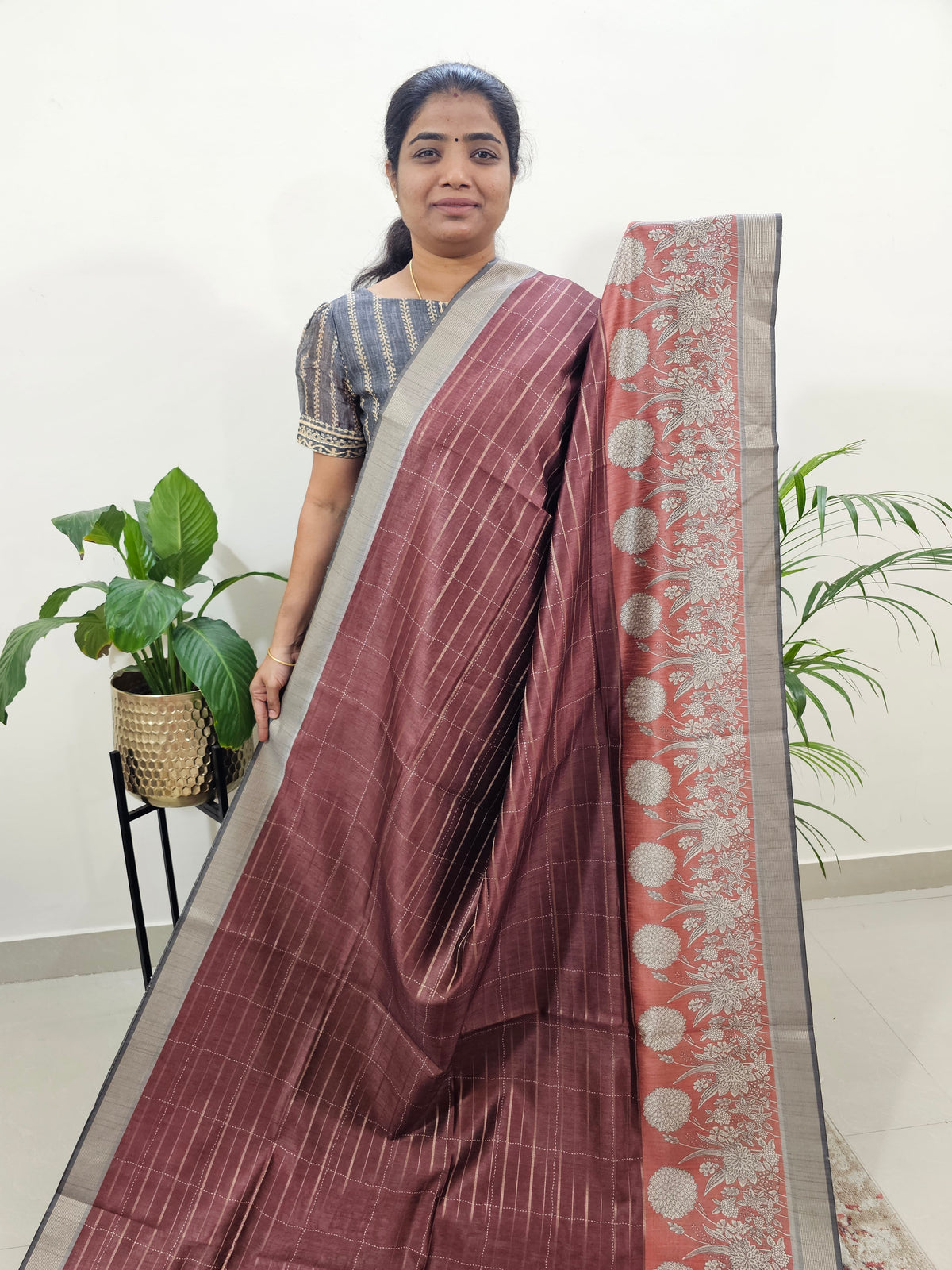 Soft Semi Tussar Weaving with Kalamkari Border - Dark Brown with Grey