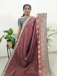 Soft Semi Tussar Weaving with Kalamkari Border - Dark Brown with Grey