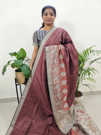 Soft Semi Tussar Weaving with Kalamkari Border - Dark Brown with Grey