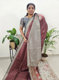 Soft Semi Tussar Weaving with Kalamkari Border - Dark Brown with Grey