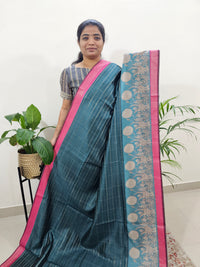 Soft Semi Tussar Weaving with Kalamkari Border - Dark Green with Pink