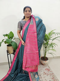 Soft Semi Tussar Weaving with Kalamkari Border - Dark Green with Pink