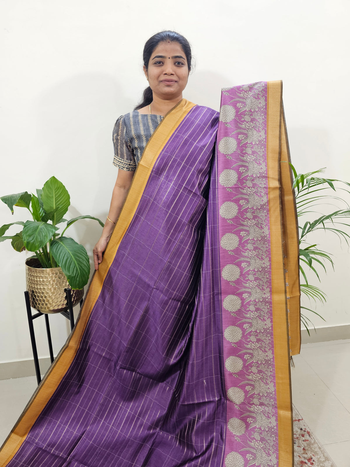 Soft Semi Tussar Weaving with Kalamkari Border - Purple with Mustard