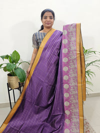 Soft Semi Tussar Weaving with Kalamkari Border - Purple with Mustard