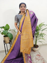 Soft Semi Tussar Weaving with Kalamkari Border - Purple with Mustard