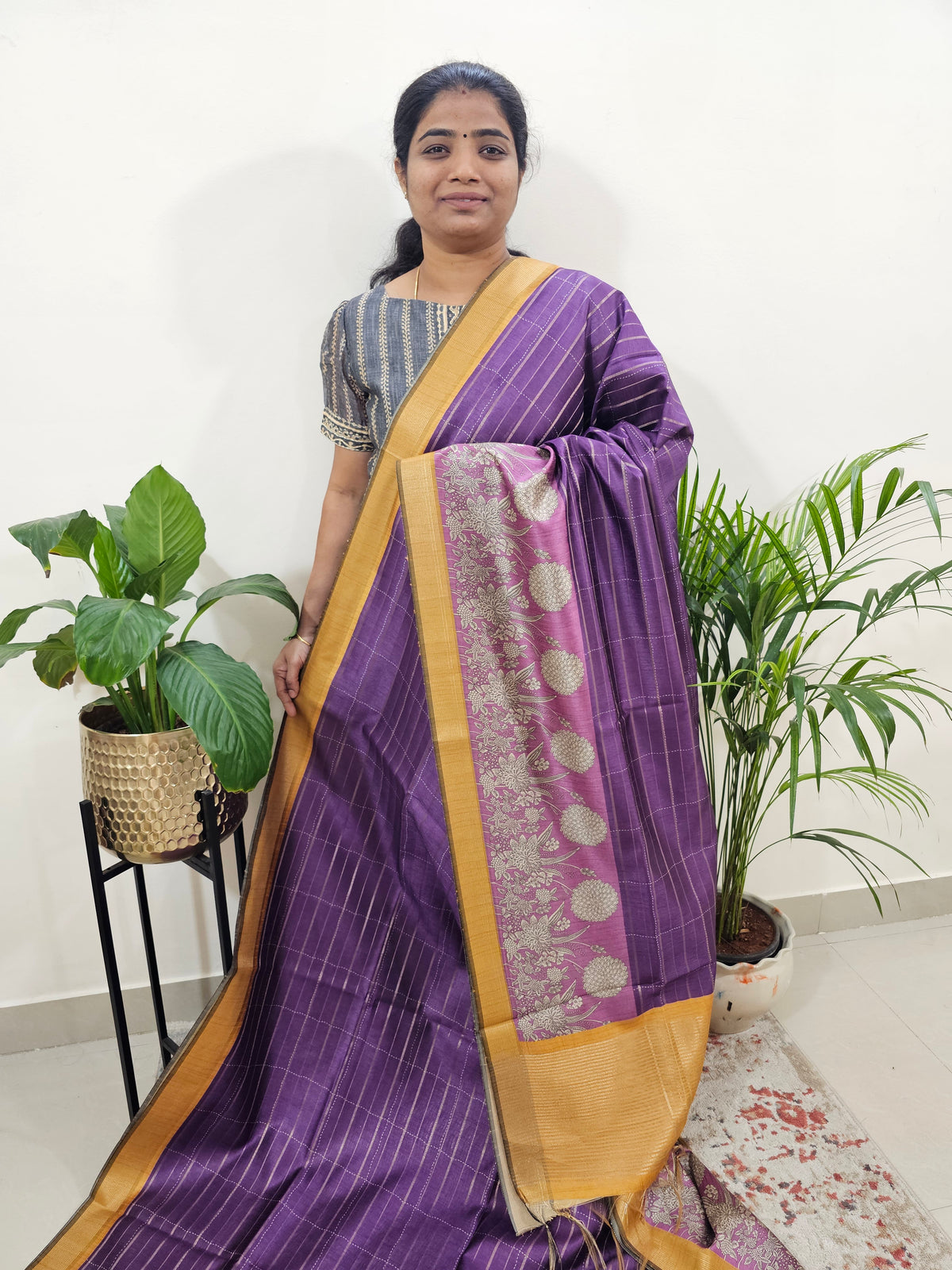 Soft Semi Tussar Weaving with Kalamkari Border - Purple with Mustard
