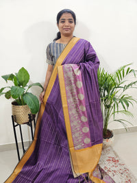 Soft Semi Tussar Weaving with Kalamkari Border - Purple with Mustard