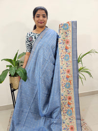 Soft Semi Tussar Weaving with Floral Border - Ink Blue