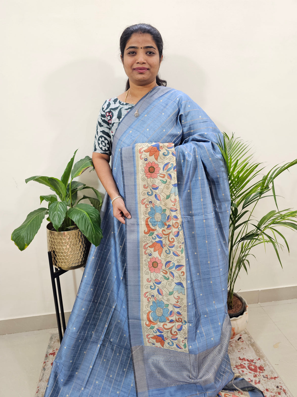 Soft Semi Tussar Weaving with Floral Border - Ink Blue