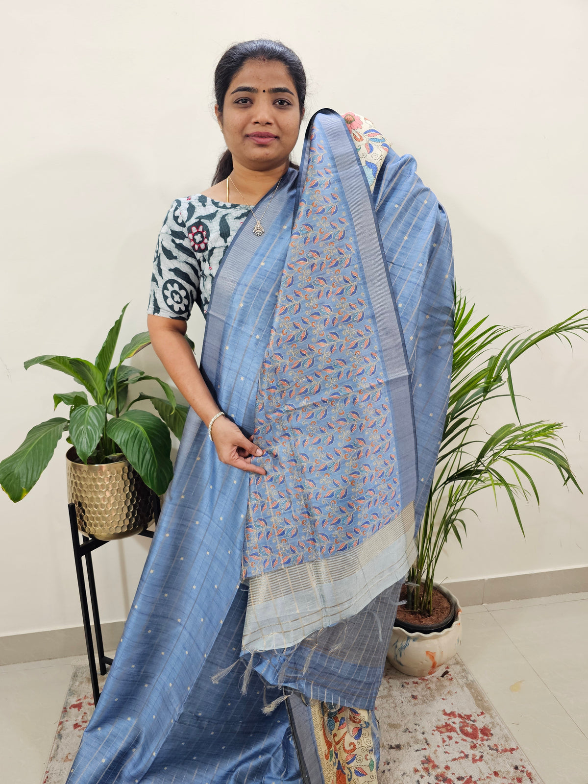 Soft Semi Tussar Weaving with Floral Border - Ink Blue
