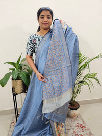 Soft Semi Tussar Weaving with Floral Border - Ink Blue