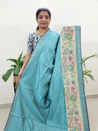 Soft Semi Tussar Weaving with Floral Border - Blue