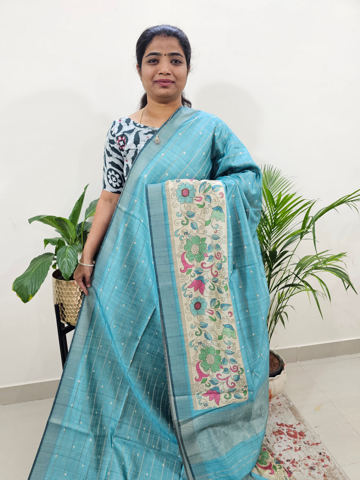 Soft Semi Tussar Weaving with Floral Border - Blue