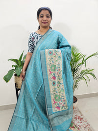 Soft Semi Tussar Weaving with Floral Border - Blue