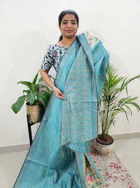Soft Semi Tussar Weaving with Floral Border - Blue