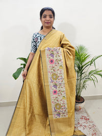 Soft Semi Tussar Weaving with Floral Border - Dual Shade Yellow Blend Green