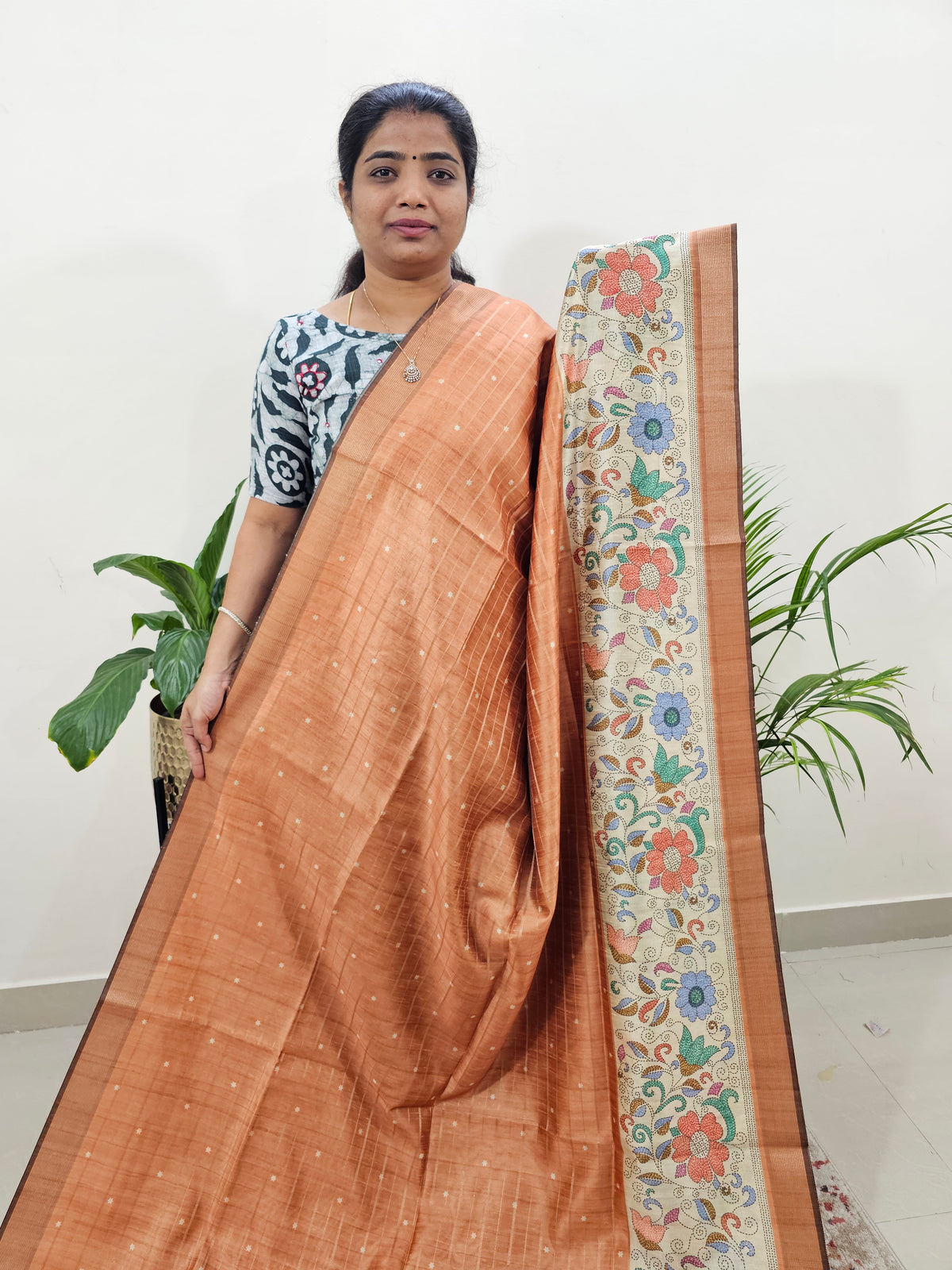 Soft Semi Tussar Weaving with Floral Border - Brown