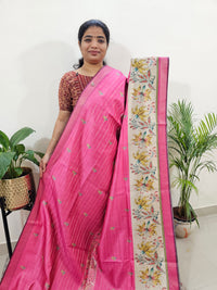 Soft Semi Tussar Weaving with Floral Border - Pink