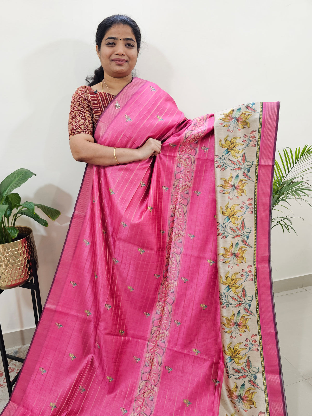 Soft Semi Tussar Weaving with Floral Border - Pink