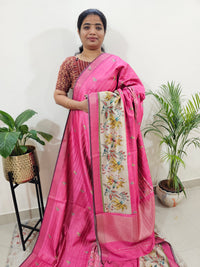 Soft Semi Tussar Weaving with Floral Border - Pink