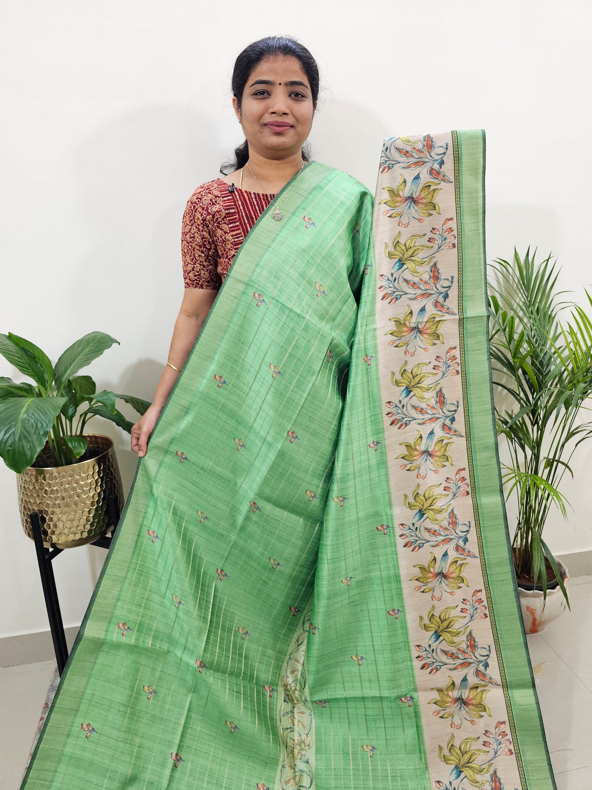 Soft Semi Tussar Weaving with Floral Border -Green