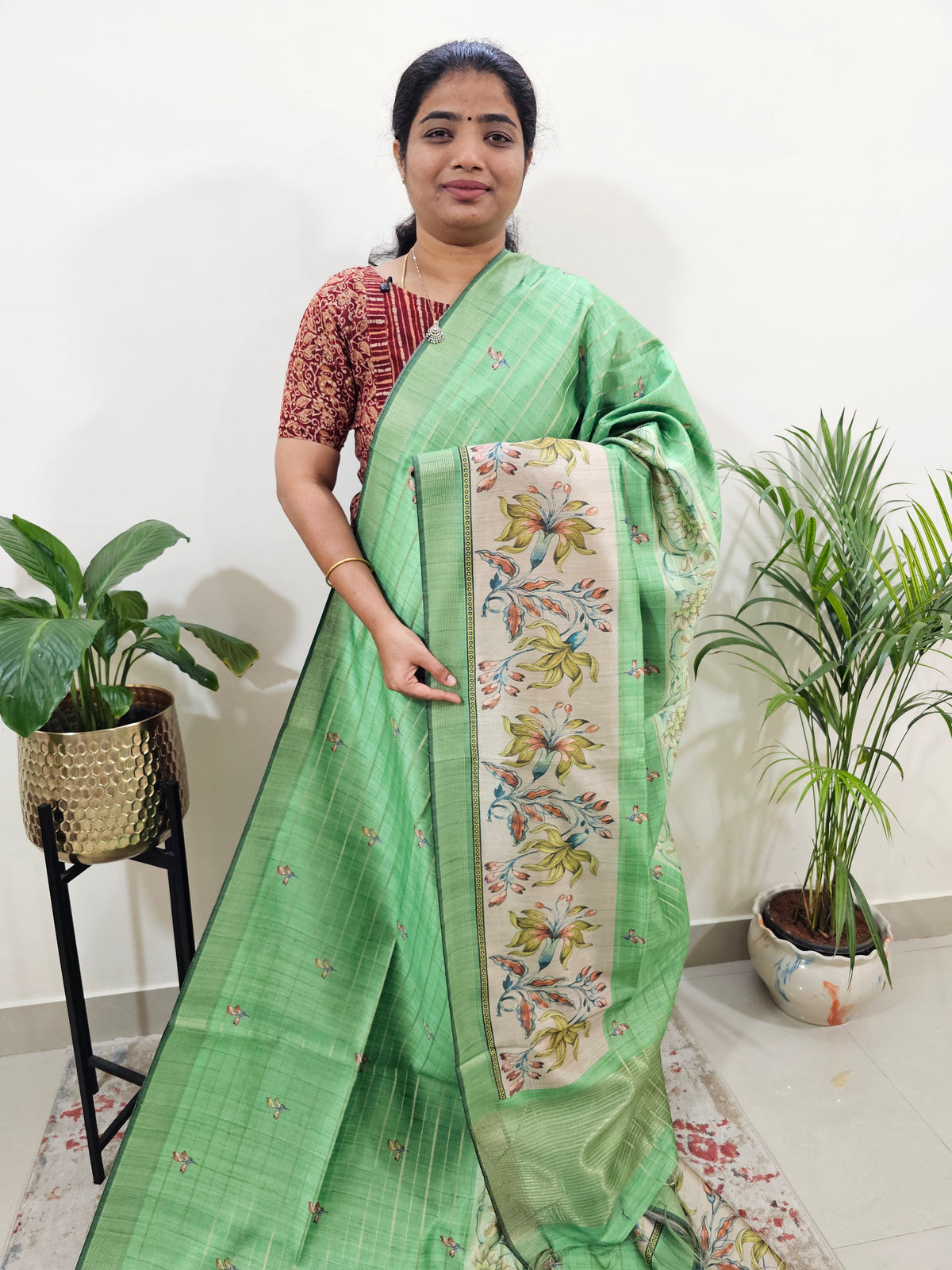 Soft Semi Tussar Weaving with Floral Border -Green