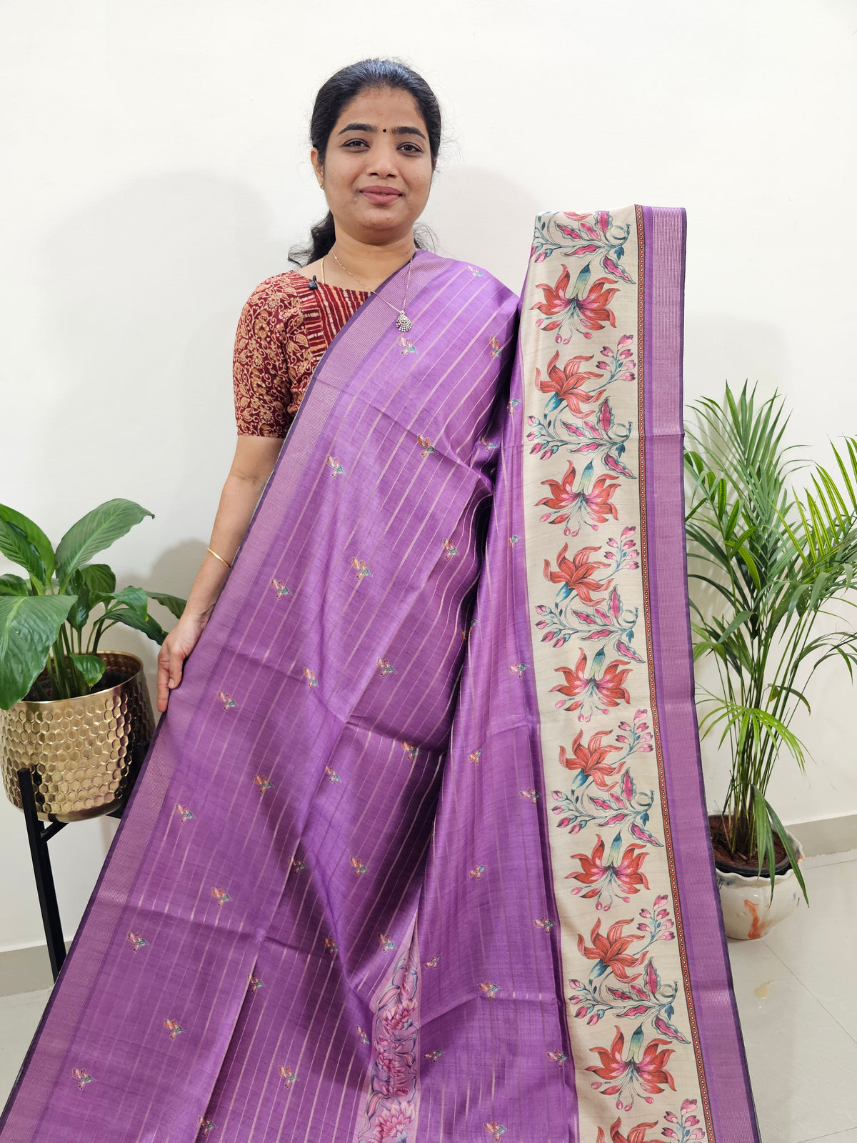 Soft Semi Tussar Weaving with Floral Border - Purple
