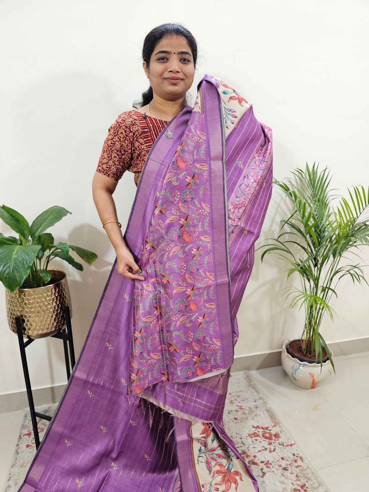 Soft Semi Tussar Weaving with Floral Border - Purple