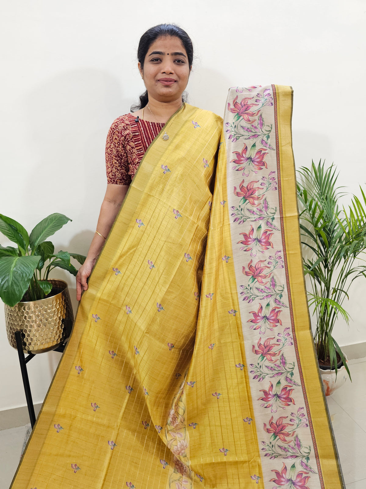 Soft Semi Tussar Weaving with Floral Border - Yellow