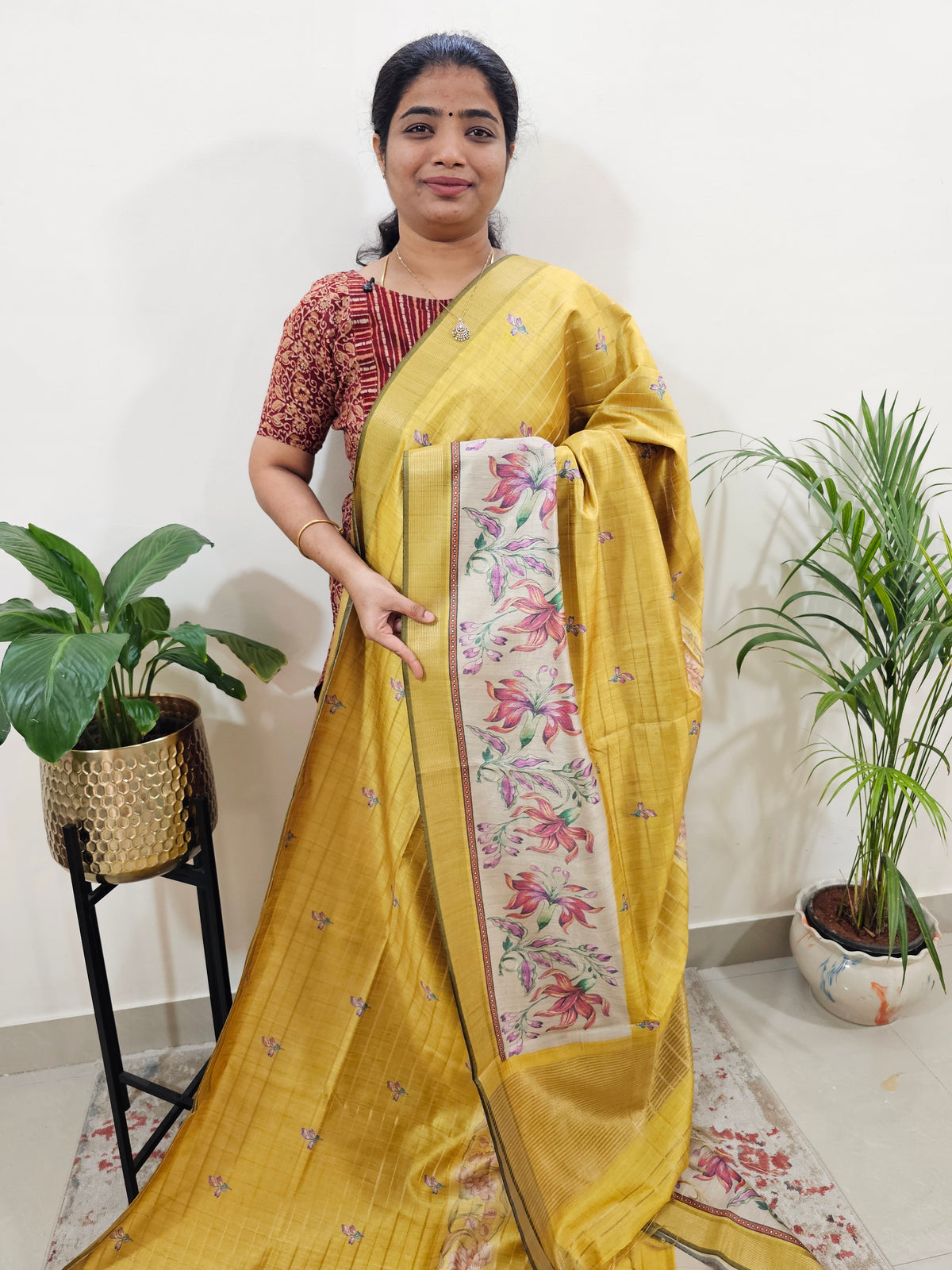 Soft Semi Tussar Weaving with Floral Border - Yellow