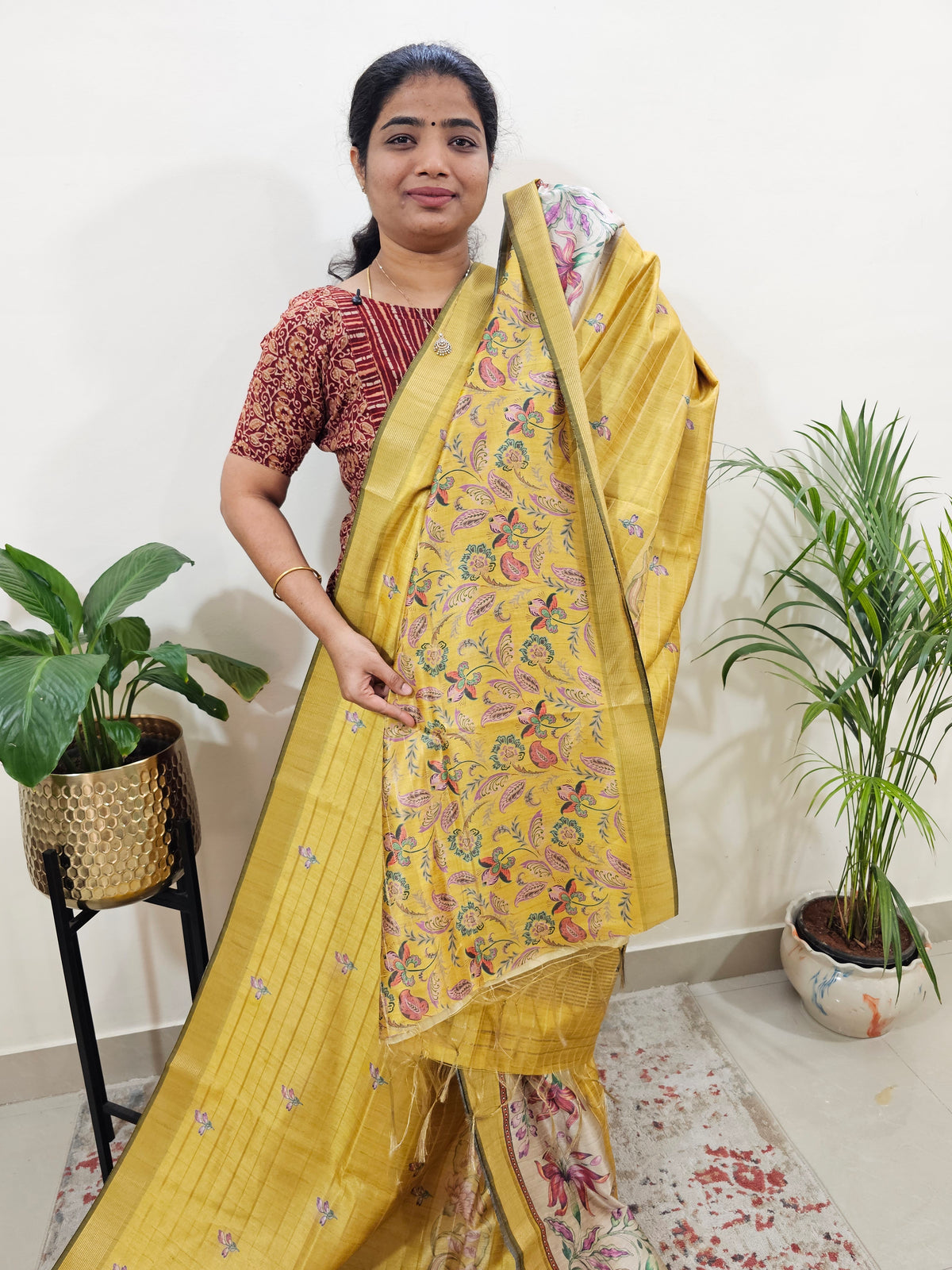 Soft Semi Tussar Weaving with Floral Border - Yellow