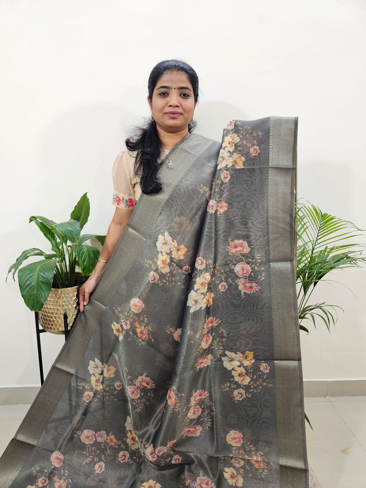 Semi Tussar with Striped Zari Weaving Saree - Grey