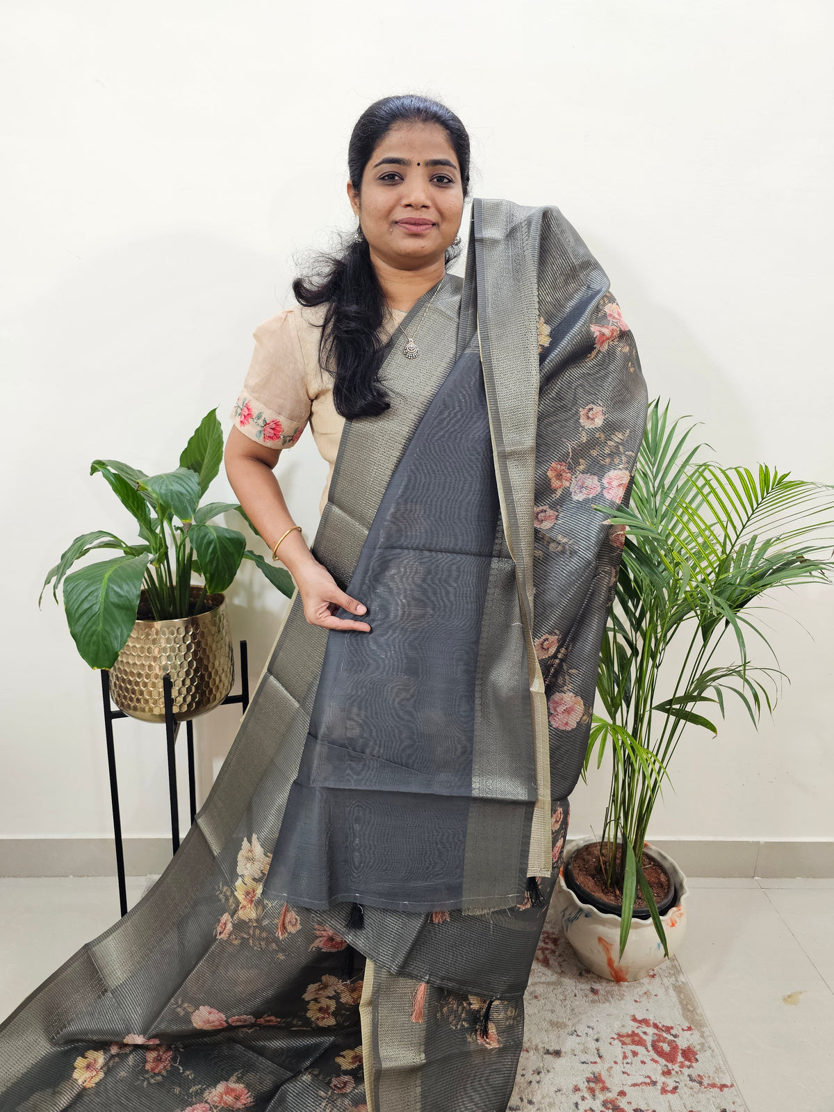Semi Tussar with Striped Zari Weaving Saree - Grey