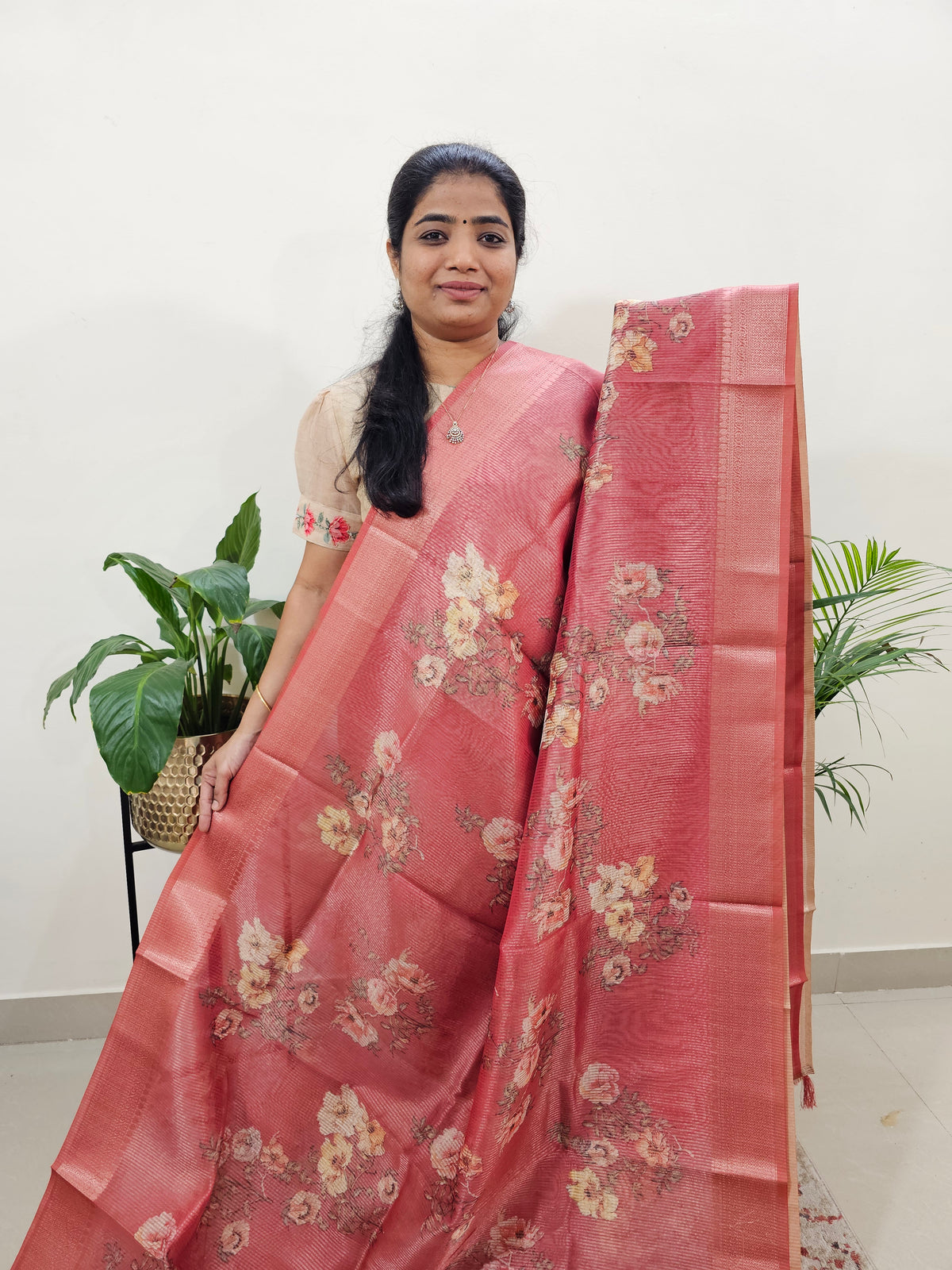 Semi Tussar with Striped Zari Weaving Saree - Dark Peach