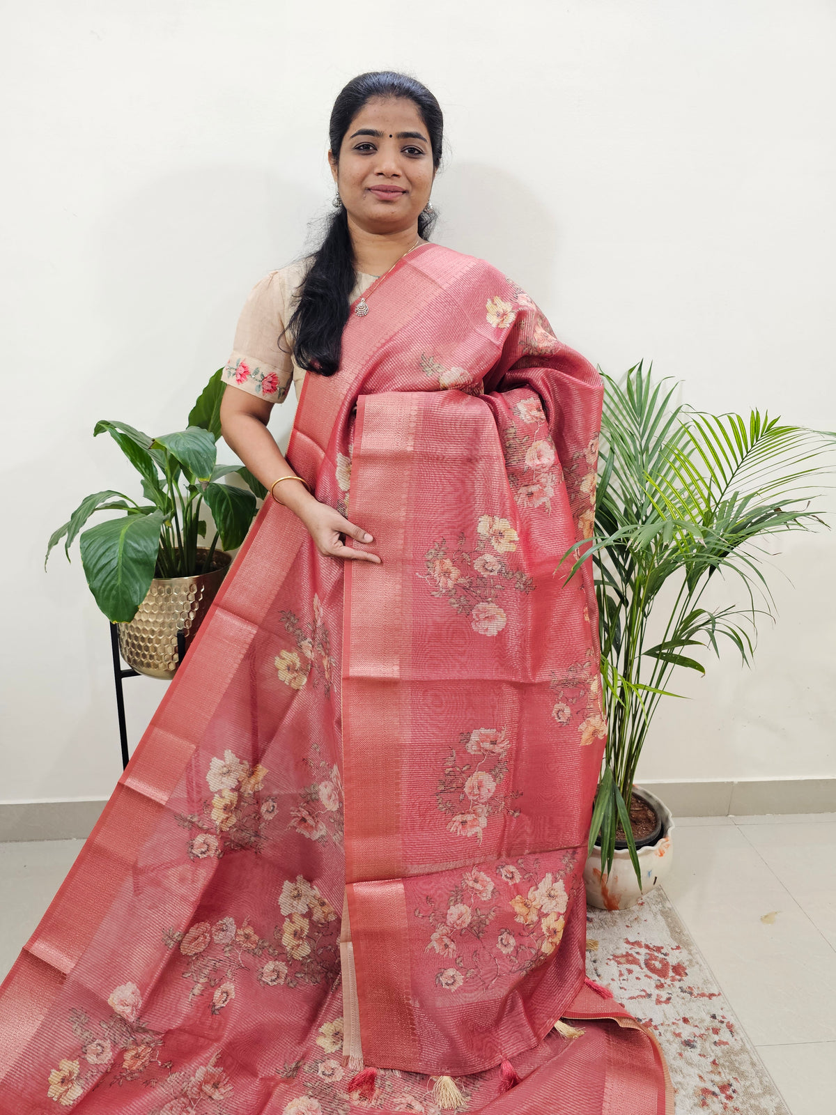 Semi Tussar with Striped Zari Weaving Saree - Dark Peach