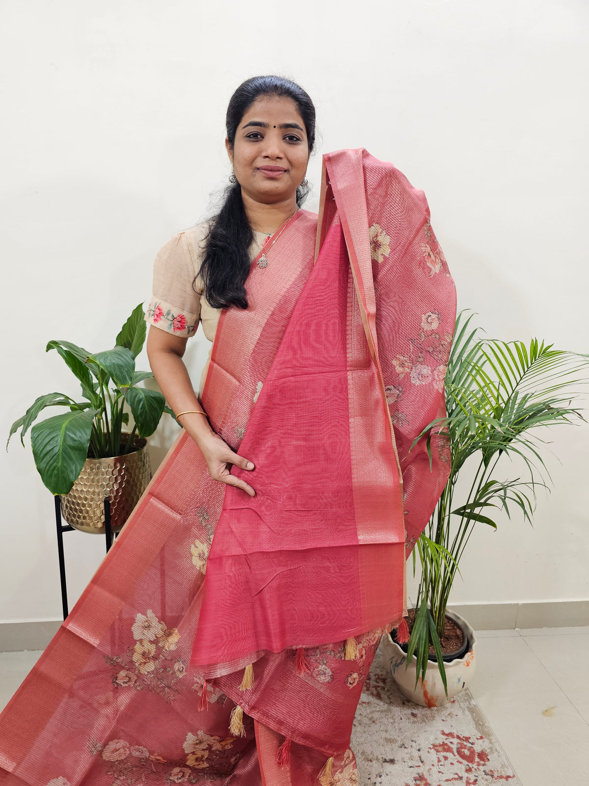 Semi Tussar with Striped Zari Weaving Saree - Dark Peach