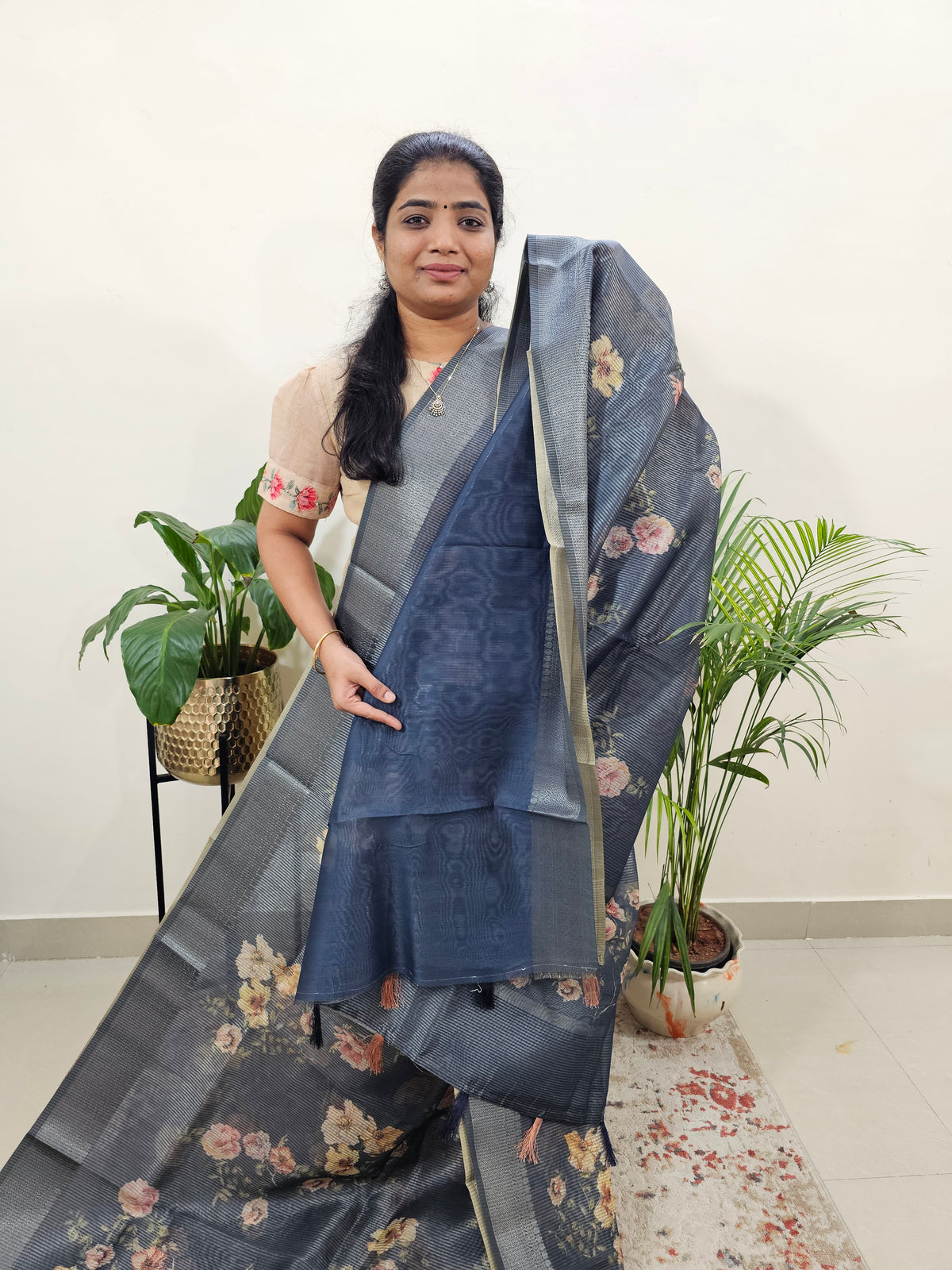 Semi Tussar with Striped Zari Weaving Saree - Dark Blue