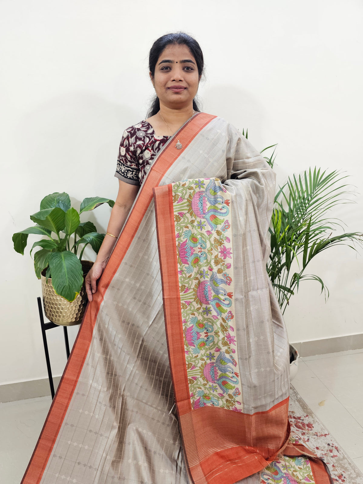 Soft Semi Tussar Weaving with Kalamkari Border -  Grey with Honey Brown