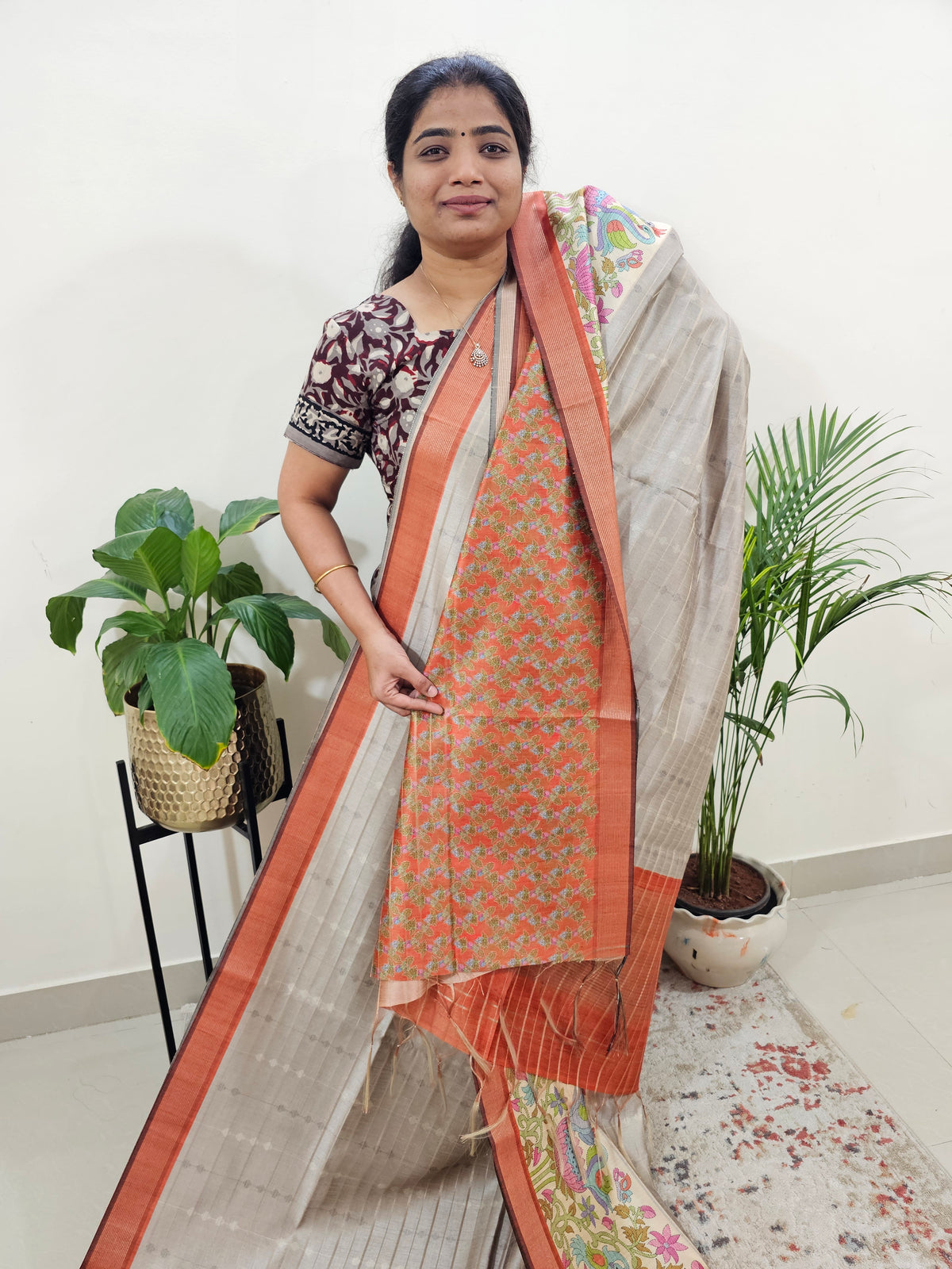Soft Semi Tussar Weaving with Kalamkari Border -  Grey with Honey Brown